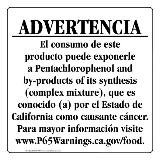 Spanish California Prop 65 Food Warning Sign CAWS-41143