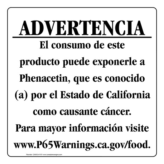 Spanish California Prop 65 Food Warning Sign CAWS-41151