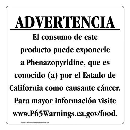 Spanish California Prop 65 Food Warning Sign CAWS-41152