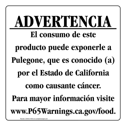 Spanish California Prop 65 Food Warning Sign CAWS-41198