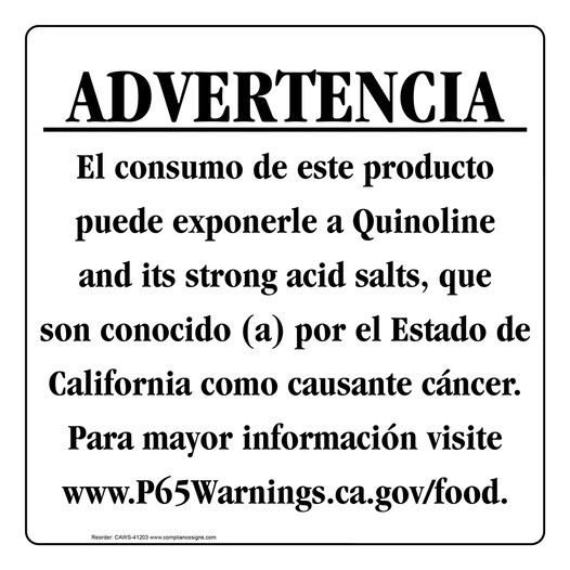 Spanish California Prop 65 Food Warning Sign CAWS-41203