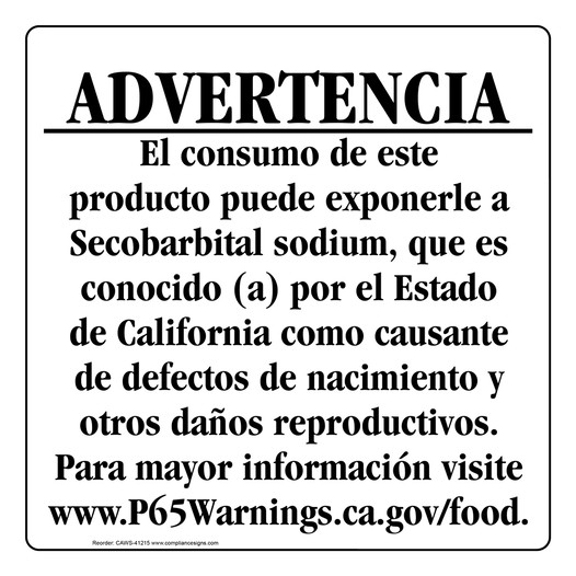 Spanish California Prop 65 Food Warning Sign CAWS-41215