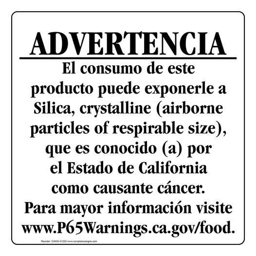 Spanish California Prop 65 Food Warning Sign CAWS-41220