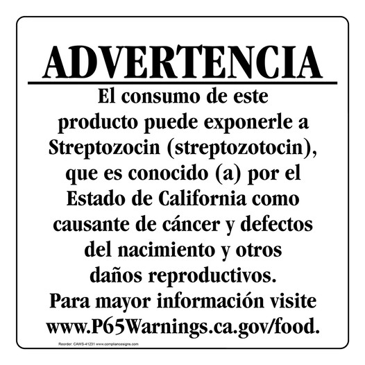 Spanish California Prop 65 Food Warning Sign CAWS-41231