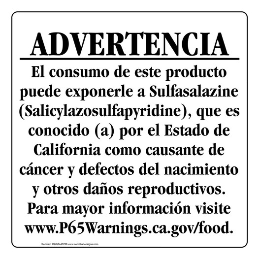 Spanish California Prop 65 Food Warning Sign CAWS-41236
