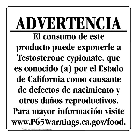Spanish California Prop 65 Food Warning Sign CAWS-41248