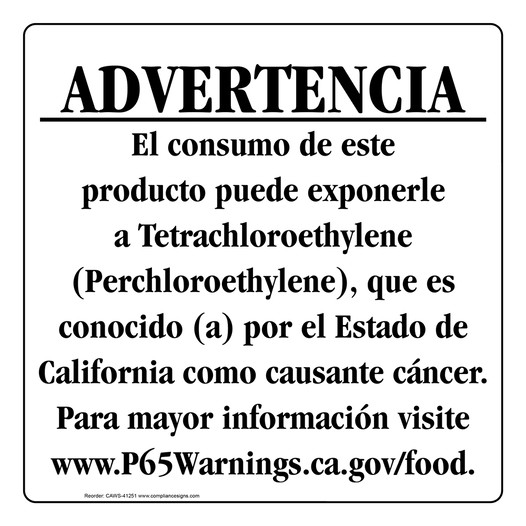 Spanish California Prop 65 Food Warning Sign CAWS-41251
