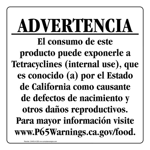 Spanish California Prop 65 Food Warning Sign CAWS-41255