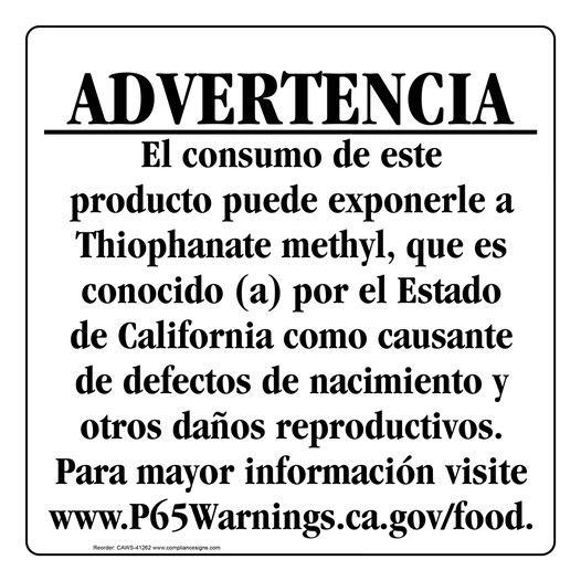 Spanish California Prop 65 Food Warning Sign CAWS-41262