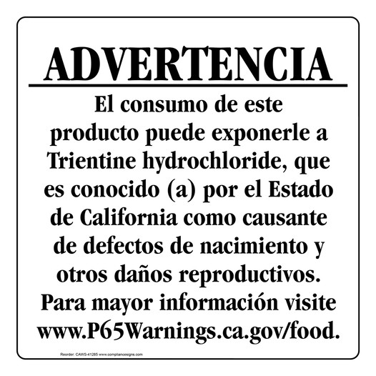 Spanish California Prop 65 Food Warning Sign CAWS-41285