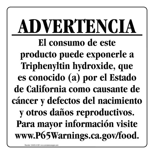 Spanish California Prop 65 Food Warning Sign CAWS-41291