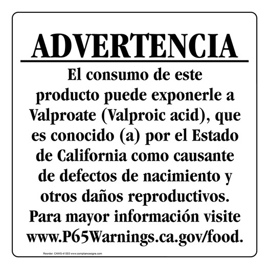 Spanish California Prop 65 Food Warning Sign CAWS-41303
