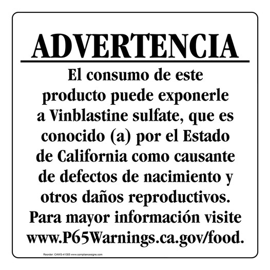 Spanish California Prop 65 Food Warning Sign CAWS-41305