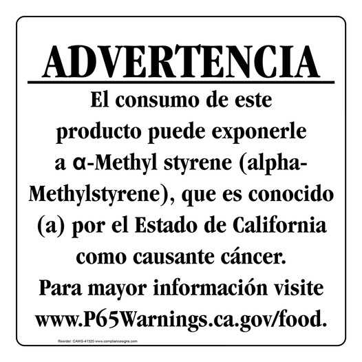 Spanish California Prop 65 Food Warning Sign CAWS-41320