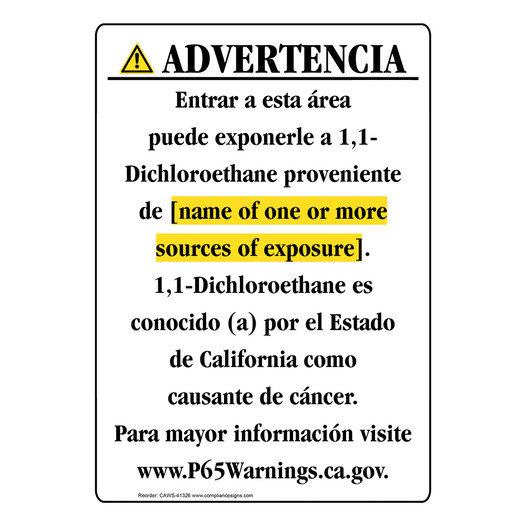 Spanish California Prop 65 Chemical Exposure Area Sign CAWS-41326