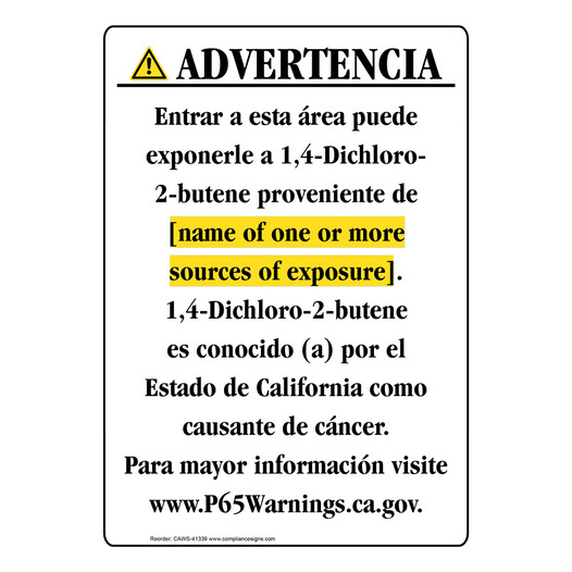 Spanish California Prop 65 Chemical Exposure Area Sign CAWS-41339