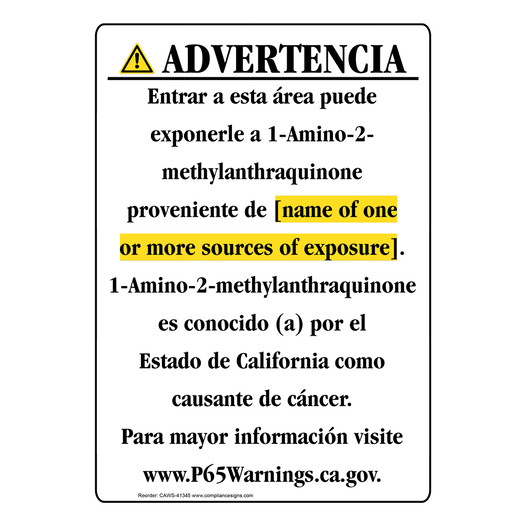 Spanish California Prop 65 Chemical Exposure Area Sign CAWS-41345