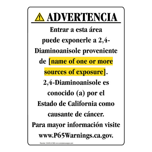Spanish California Prop 65 Chemical Exposure Area Sign CAWS-41360