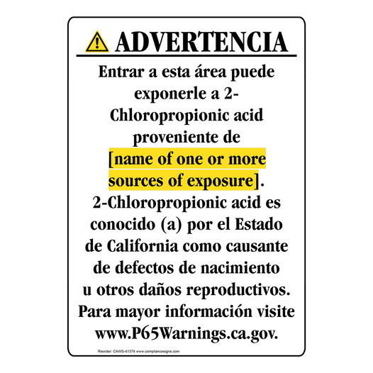 Spanish California Prop 65 Chemical Exposure Area Sign CAWS-41374