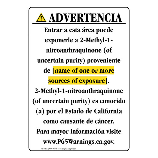 Spanish California Prop 65 Chemical Exposure Area Sign CAWS-41376