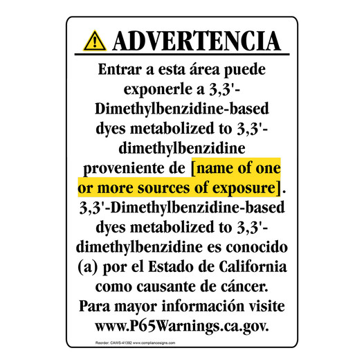Spanish California Prop 65 Chemical Exposure Area Sign CAWS-41392