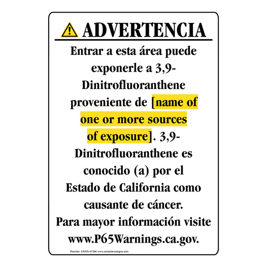 Spanish California Prop 65 Chemical Exposure Area Sign CAWS-41394