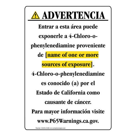 Spanish California Prop 65 Chemical Exposure Area Sign CAWS-41409