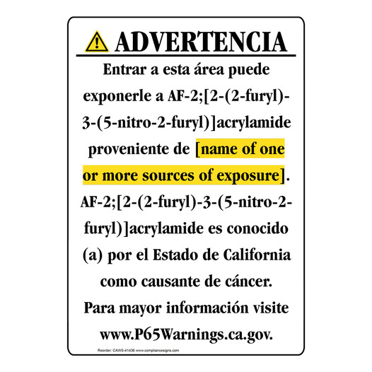 Spanish California Prop 65 Chemical Exposure Area Sign CAWS-41436