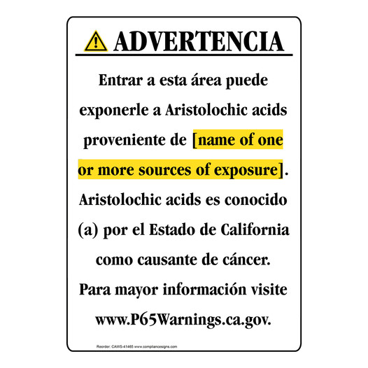 Spanish California Prop 65 Chemical Exposure Area Sign CAWS-41465