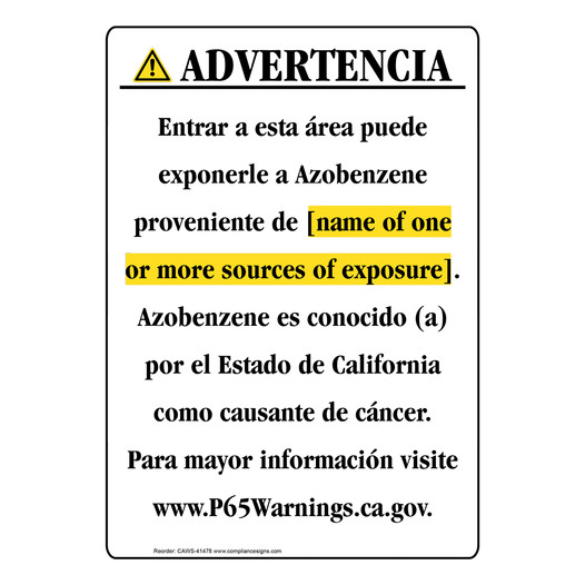 Spanish California Prop 65 Chemical Exposure Area Sign CAWS-41478