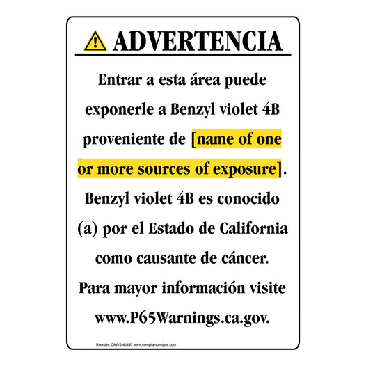 Spanish California Prop 65 Chemical Exposure Area Sign CAWS-41497