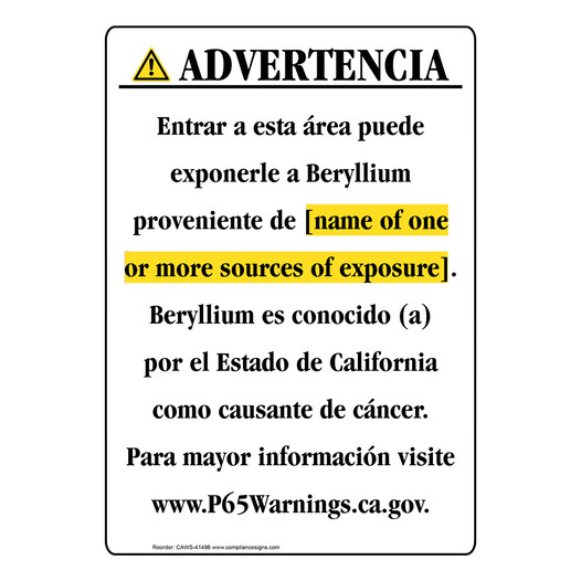 Spanish California Prop 65 Chemical Exposure Area Sign CAWS-41498