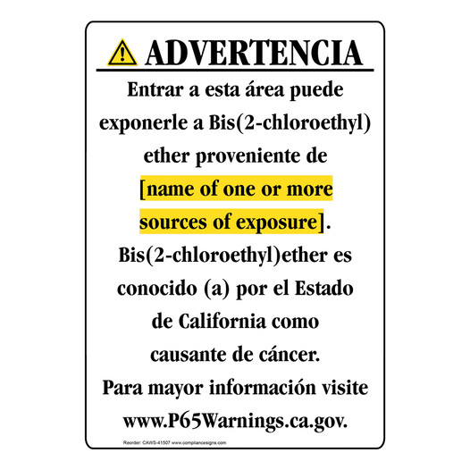 Spanish California Prop 65 Chemical Exposure Area Sign CAWS-41507