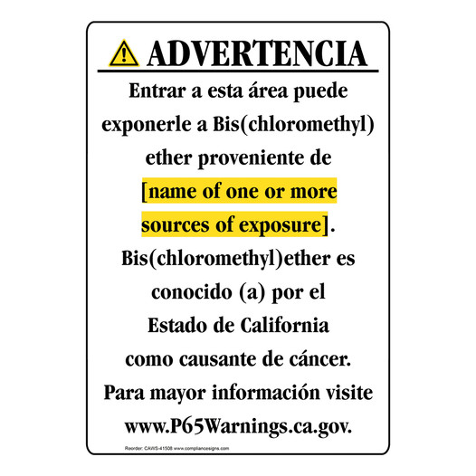 Spanish California Prop 65 Chemical Exposure Area Sign CAWS-41508