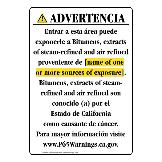 Spanish California Prop 65 Chemical Exposure Area Sign CAWS-41511