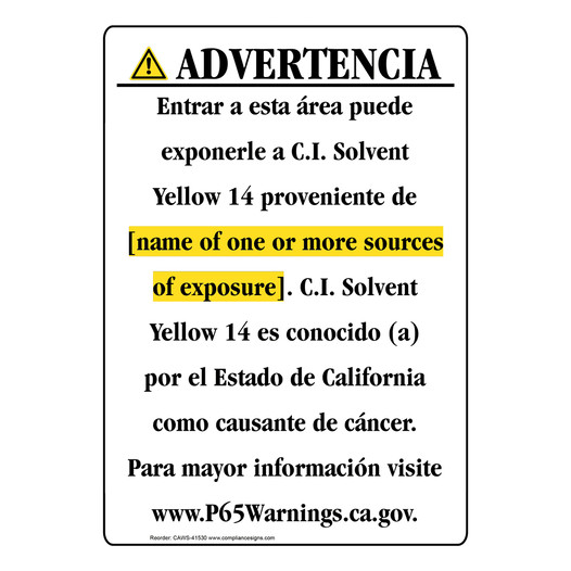 Spanish California Prop 65 Chemical Exposure Area Sign CAWS-41530