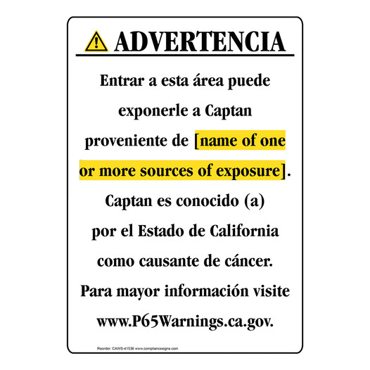 Spanish California Prop 65 Chemical Exposure Area Sign CAWS-41536