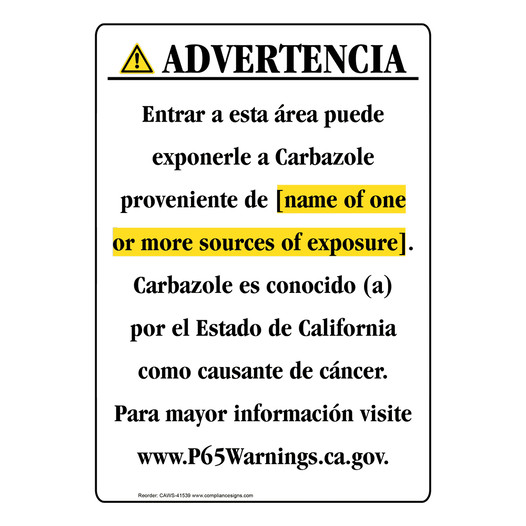 Spanish California Prop 65 Chemical Exposure Area Sign CAWS-41539