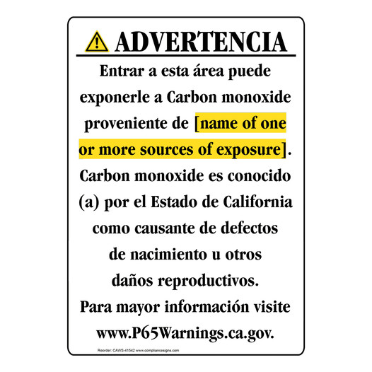 Spanish California Prop 65 Chemical Exposure Area Sign CAWS-41542