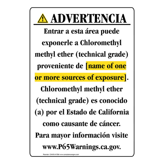 Spanish California Prop 65 Chemical Exposure Area Sign CAWS-41564