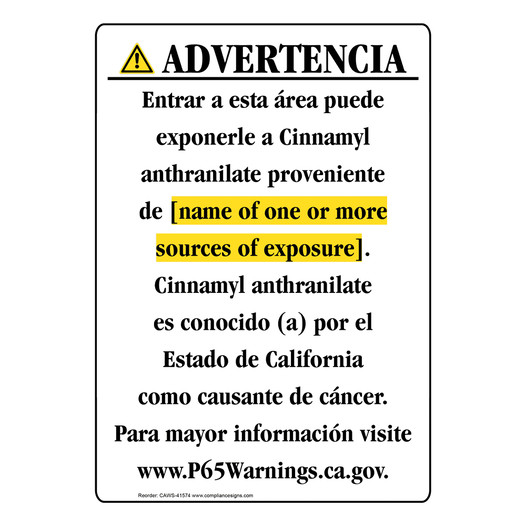 Spanish California Prop 65 Chemical Exposure Area Sign CAWS-41574