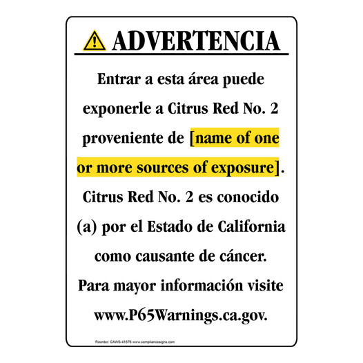 Spanish California Prop 65 Chemical Exposure Area Sign CAWS-41576
