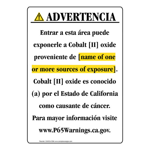 Spanish California Prop 65 Chemical Exposure Area Sign CAWS-41584