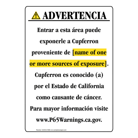 Spanish California Prop 65 Chemical Exposure Area Sign CAWS-41596