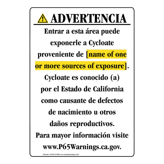 Spanish California Prop 65 Chemical Exposure Area Sign CAWS-41599