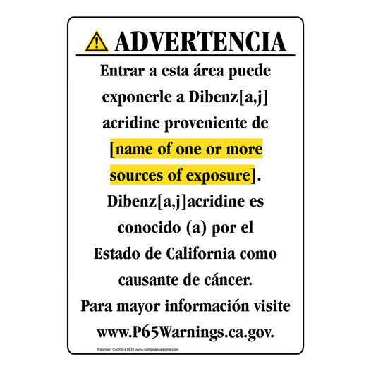 Spanish California Prop 65 Chemical Exposure Area Sign CAWS-41631