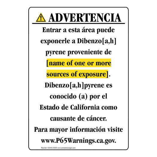 Spanish California Prop 65 Chemical Exposure Area Sign CAWS-41635