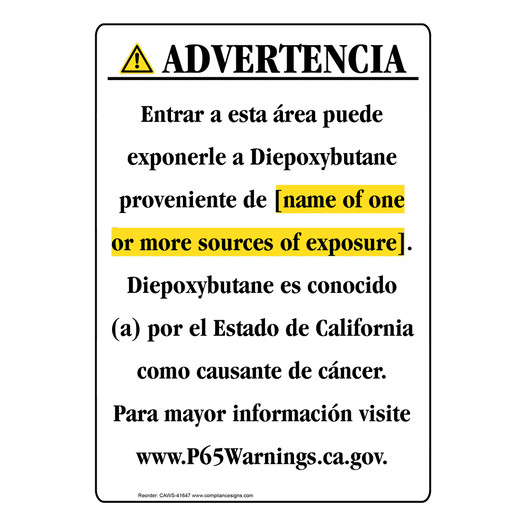Spanish California Prop 65 Chemical Exposure Area Sign CAWS-41647