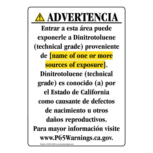 Spanish California Prop 65 Chemical Exposure Area Sign CAWS-41665