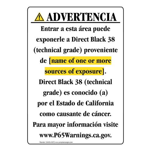 Spanish California Prop 65 Chemical Exposure Area Sign CAWS-41672